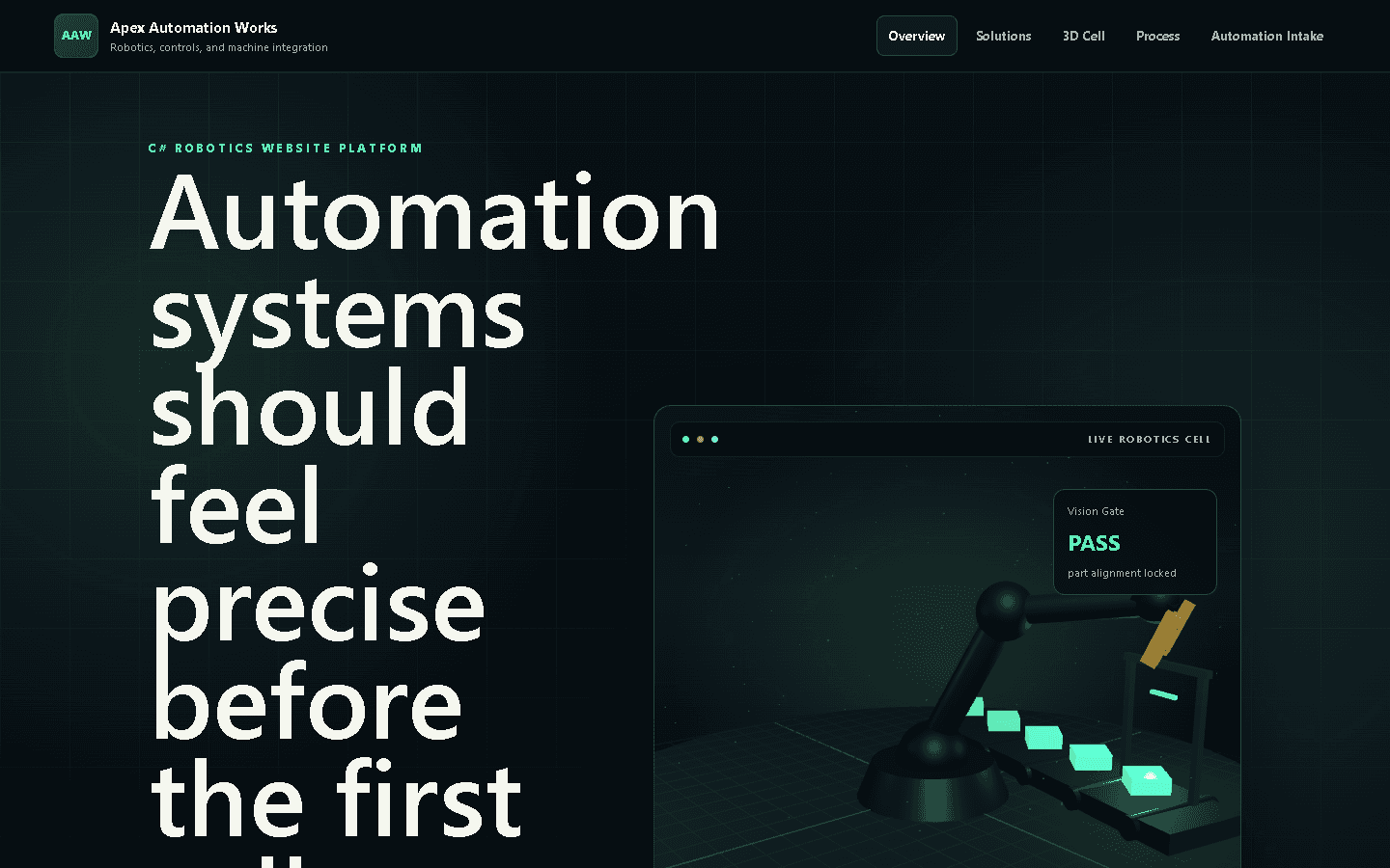 Apex Automation Works animated robotics website homepage preview