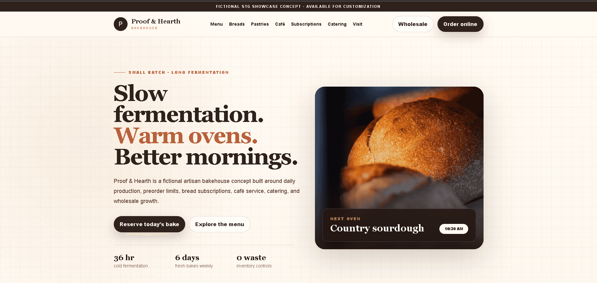 Proof & Hearth Bakehouse website homepage preview