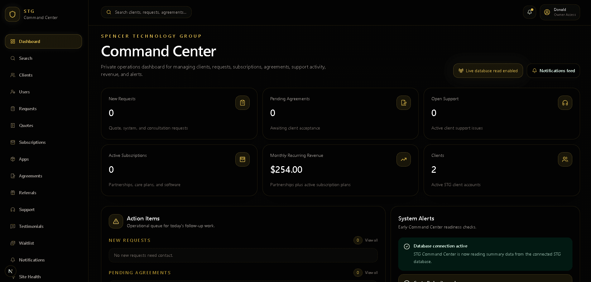 STG Command Center admin dashboard